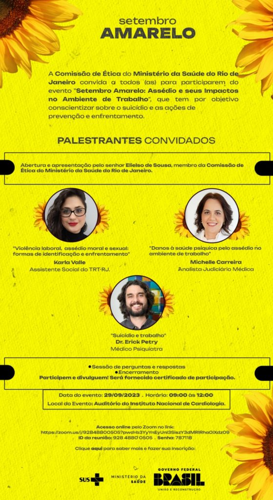 Cartaz amarelo com os dados dos palestrantes e evento.